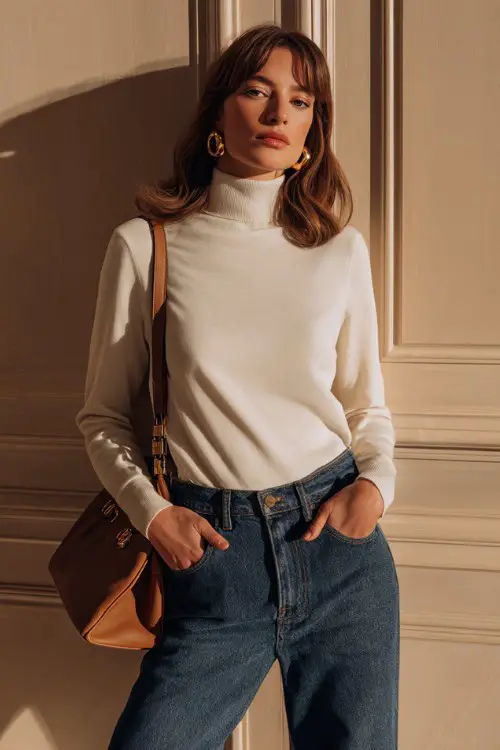 a woman wears a casual old money outfit with straight-leg denim and a tucked-in ivory cashmere turtleneck, gold hoop earrings
