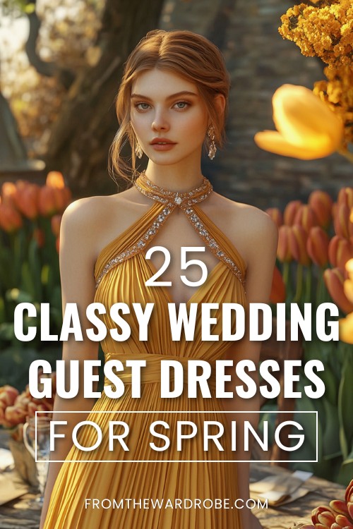 a woman wears a classy yellow wedding guest dress for spring