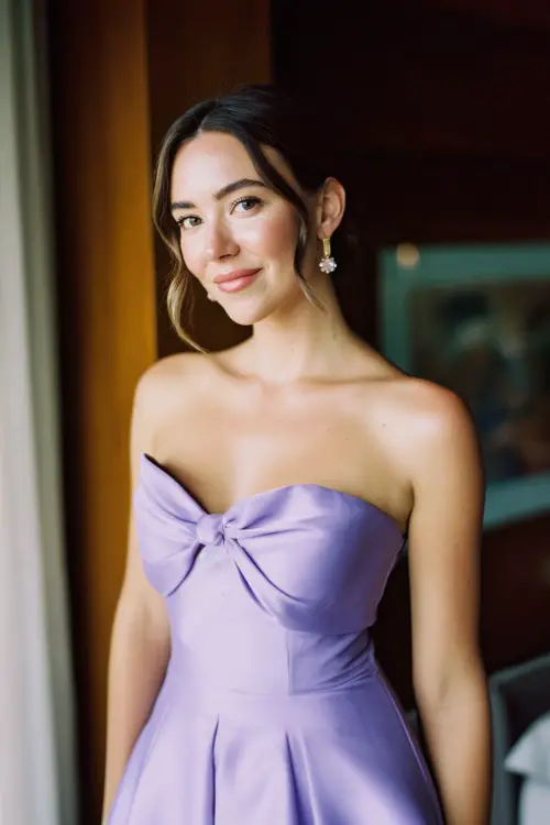 a woman wears a gorgeous lavender dress for date night