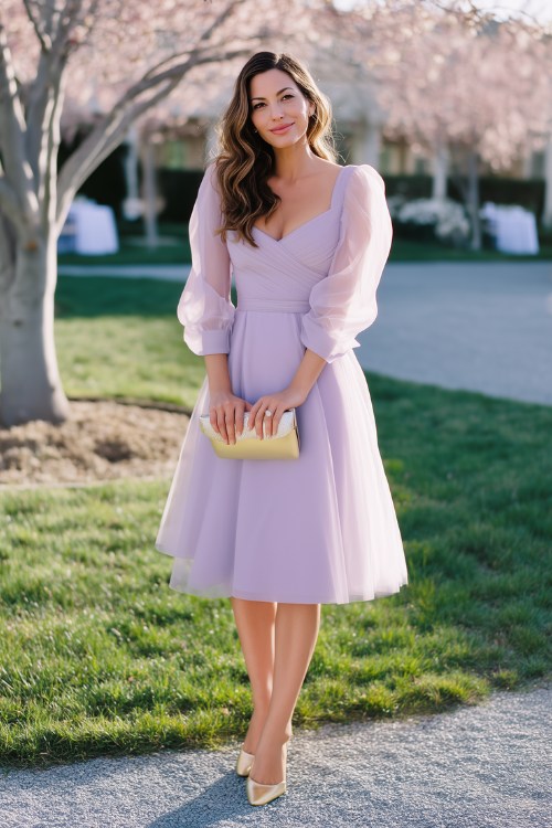 a woman wears a lavender wedding guest dress with sheer sleeves