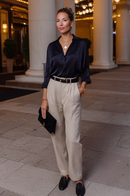 a woman wears a navy blouse with a beige pants