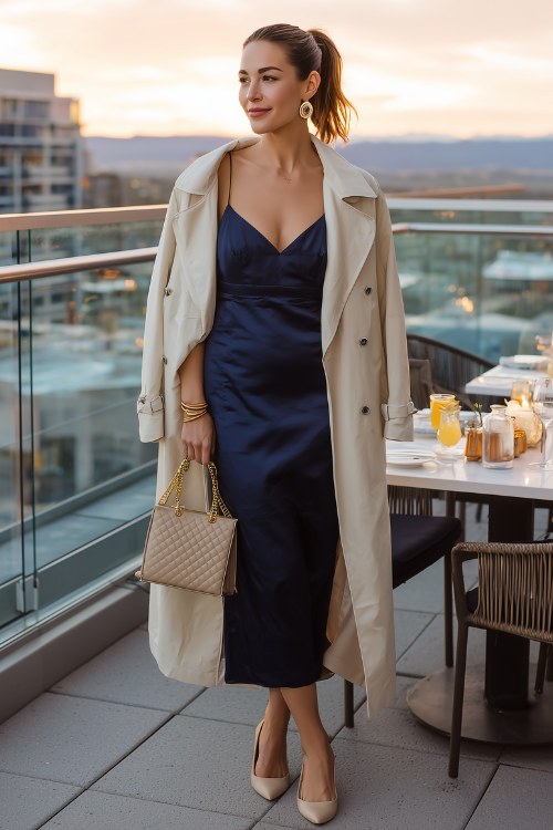 a woman wears a navy satin dress with a trench coat