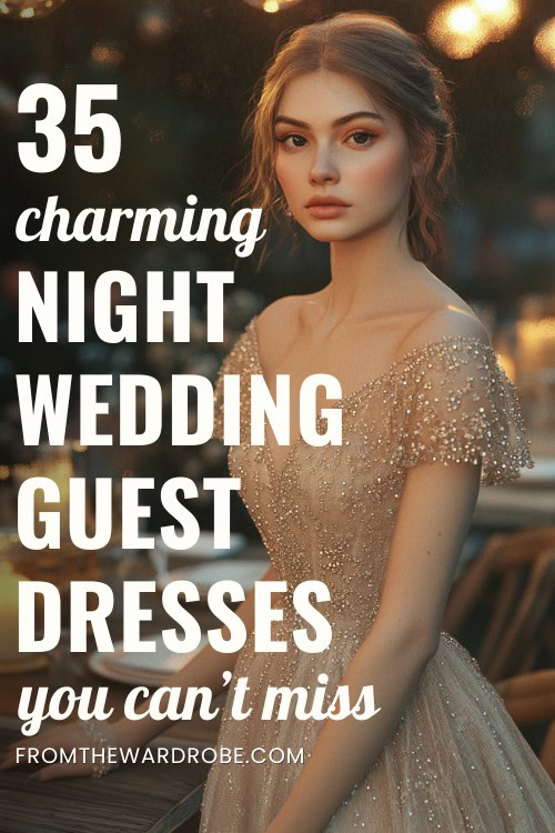 a woman wears a neutral wedding guest dress for night wedding