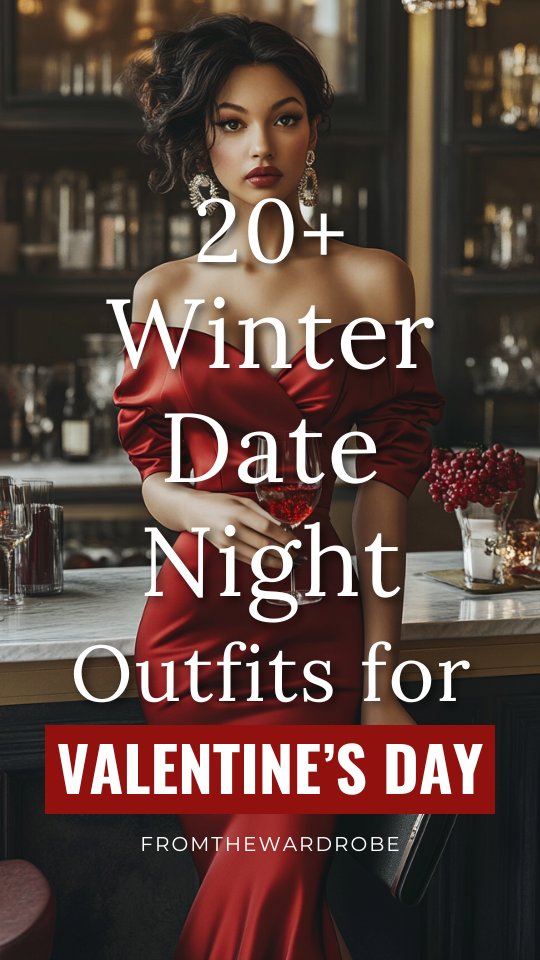 a woman wears a red dress for winter date night on Valentine's Day