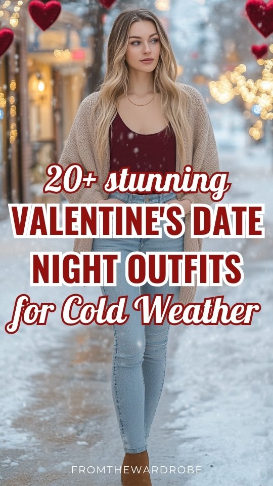 a woman wears a red top, jeans and a cardigan for valentine's day date night in cold weather