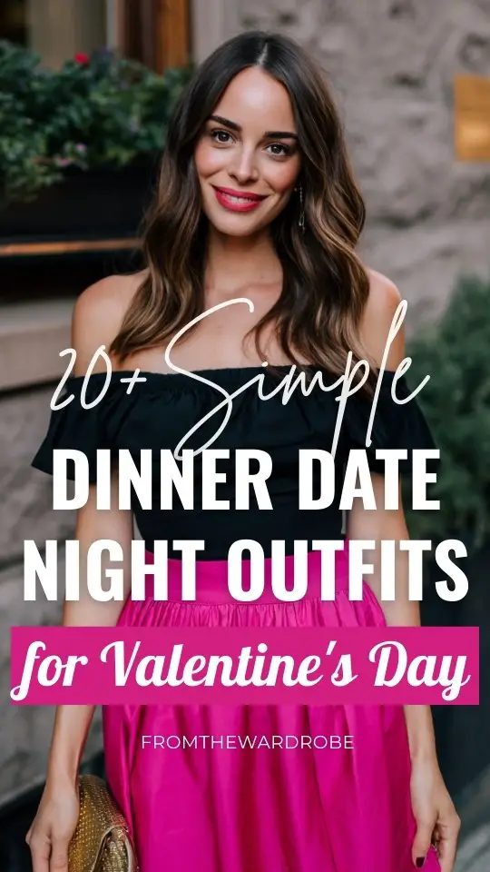a woman wears a simple dinner date night on Valentine's Day with a black off shoulder top with fuchsia pink midi skirt