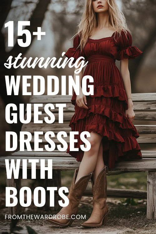 a woman wears a wedding guest dress with boots