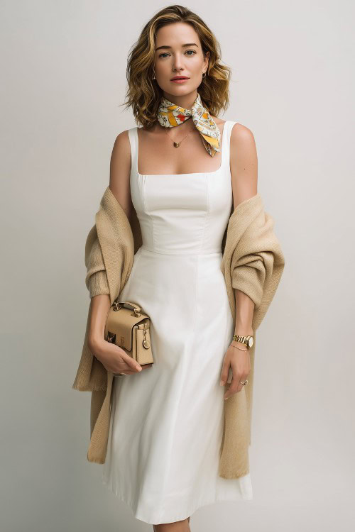 a woman wears a white dress and cardigan with a short scarf on the neck
