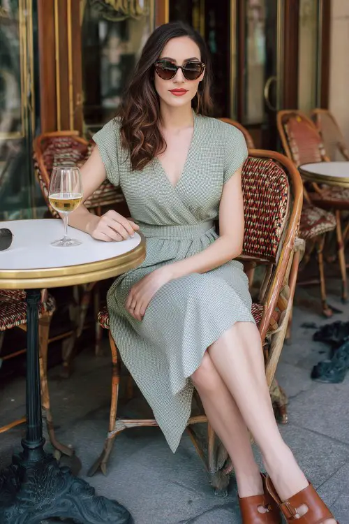 a woman wears an old money style green dress for casual date