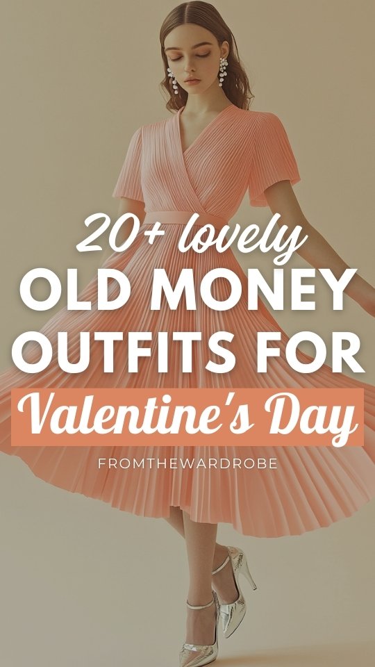 a woman wears old money outfit with a peach pleated dress for Valentine's Day