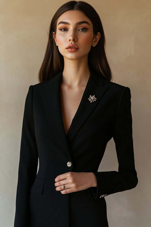 woman in a black midi pencil dress with a fitted blazer, accessorized with a brooch and heels