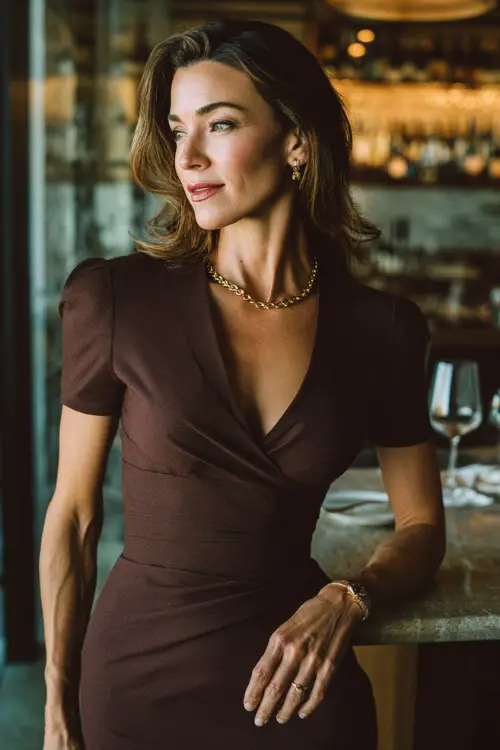 woman over 40 wearing a sophisticated date night outfit a tailored midi dress with a defined waist, elegant neckline, and classic heels