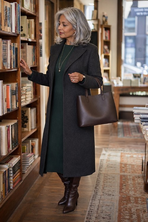 woman over 50 wearing a forest green ribbed midi dress, a long charcoal wool coat, chocolate leather boots, and a classic watch