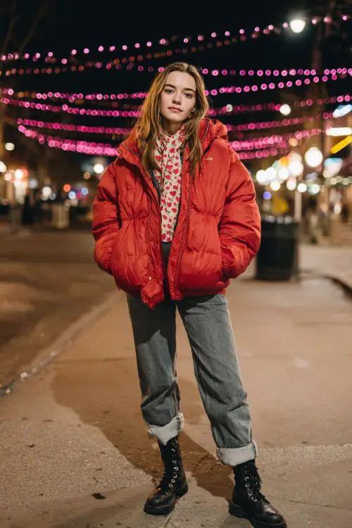woman wears a cherry red puffer jacket with straight-leg jeans, a heart-print scarf, and combat boots