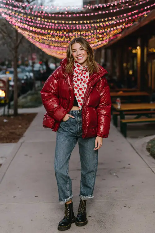 woman wears a cherry red puffer jacket with straight-leg jeans, a heart-print scarf, and combat boots