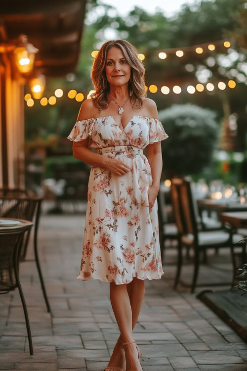 A beautiful woman over 40 wearing a flowing, feminine midi dress with a soft floral print and flutter sleeves. She pairs it with delicate strappy heels and a dainty necklace (2)