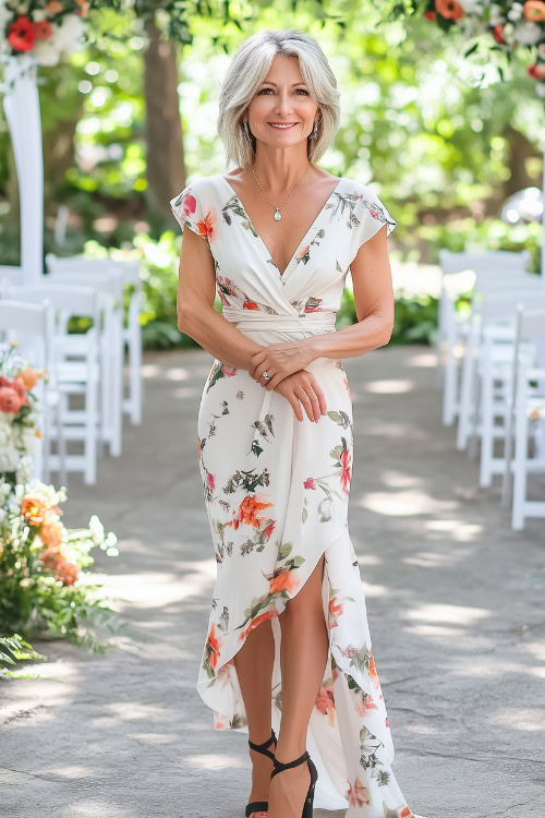 A chic woman over 40 wears a floral print wrap dress with a flattering V-neckline and flowy skirt