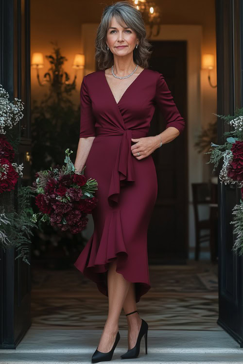 A classy woman over 40 wears a burgundy wrap-style midi dress with a ruffled hem, a cinched waist, and three-quarter sleeves