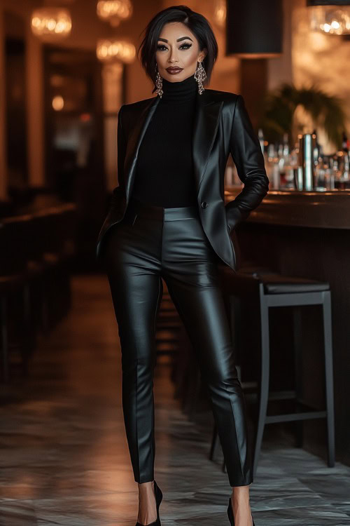 A confident woman over 40 rocking an edgy and modern date night look. She wears black leather pants, a sleek fitted turtleneck, and a tailored blazer with structured shoulders