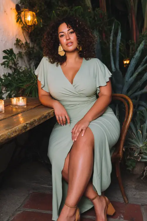 A curvy woman wears a fitted midi wrap dress in soft sage green with flutter sleeves and a side slit, styled with tan block heels and gold earrings