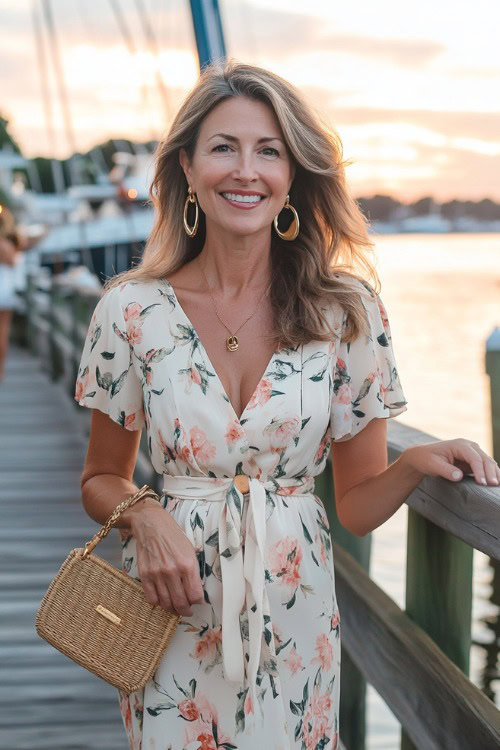 A fashionable woman over 40 wearing a lightweight wrap dress with a floral print and cap sleeves, perfect for a summer date night. She pairs it with wedge sandals, a straw clutch