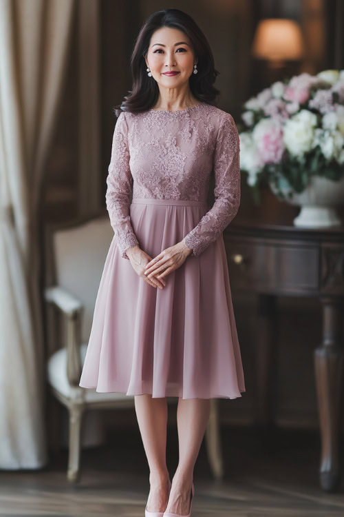 A fashionable woman over 40 wears a dusty rose A-line dress with delicate lace sleeves, a fitted bodice, and a flowing skirt. She pairs it with blush heels and pearl earrings