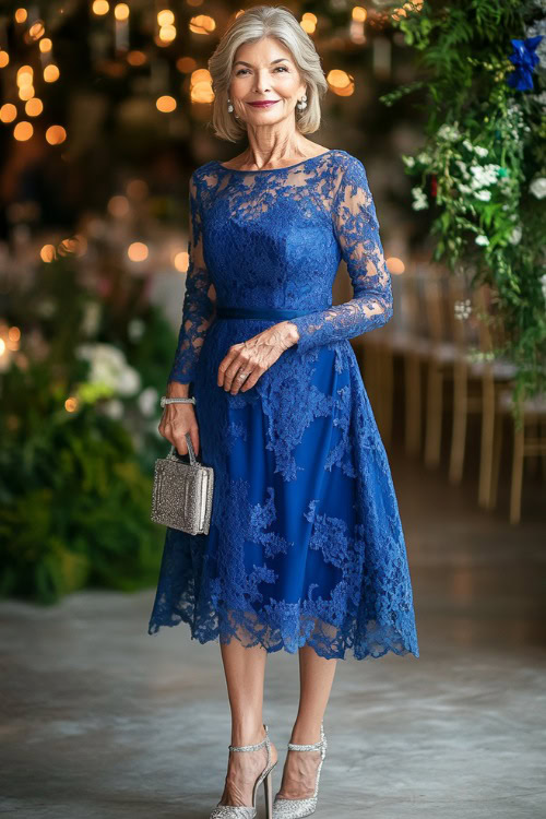 A fashionable woman over 40 wears a royal blue tea-length dress with lace overlay, a fitted bodice, and sheer lace sleeves