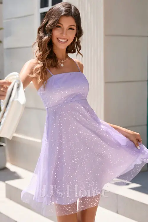A-line Square Short Tulle Sequin Homecoming Dress With Sequins