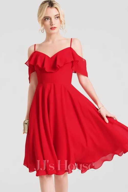 A-line V-Neck Knee-Length Chiffon Cocktail Dress With Cascading Ruffles