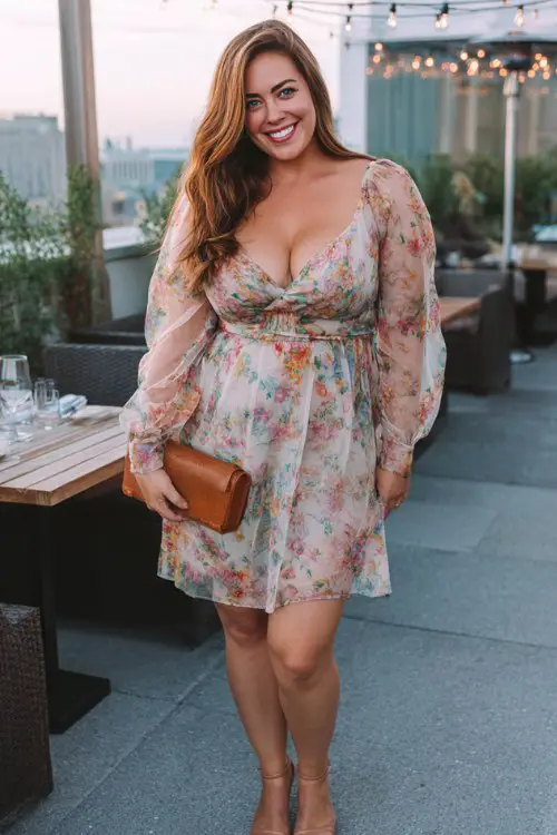 A plus-size woman wears a floral chiffon dress with sheer bishop sleeves and a sweetheart neckline, paired with ankle-strap sandals and a soft leather clutch