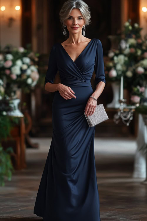 A sophisticated woman over 40 wears a navy blue A-line dress with three-quarter sleeves, a soft V-neckline, and a belted waist