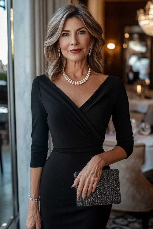 A stylish woman over 40 wearing a timeless little black dress with a fitted silhouette and knee-length cut. She pairs it with pointed-toe pumps, a pearl necklace, and a sleek clutch