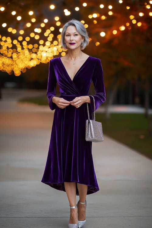 A stylish woman over 40 wears a luxurious deep purple velvet wrap dress with a midi-length hem and long sleeves