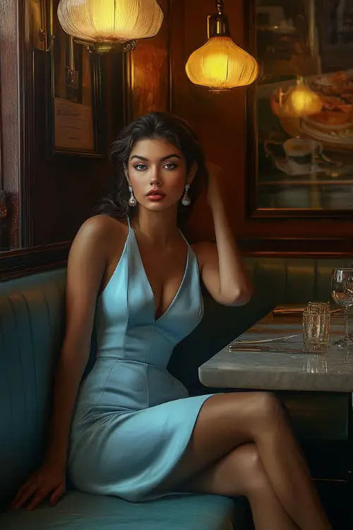 A woman in a baby blue midi dress, kitten heels, and pearl earrings, sitting at an elegant yet casual restaurant booth with dim lighting