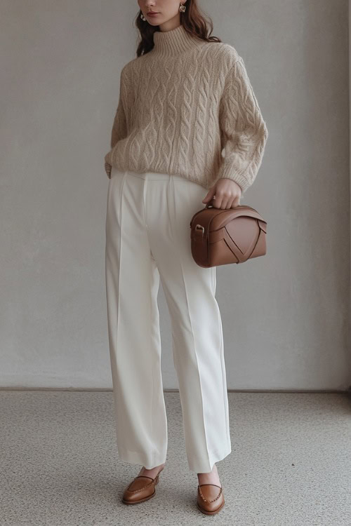 A woman in a beige cashmere sweater tucked into high-waisted white trousers, paired with classic brown leather loafers and a structured handbag