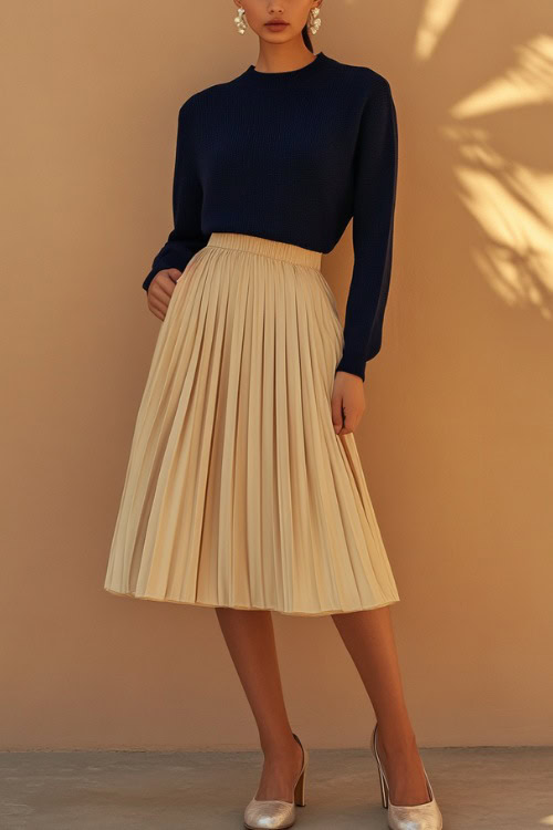 A woman in a beige pleated midi skirt paired with a navy blue knit sweater, styled with pearl drop earrings and ballet flats