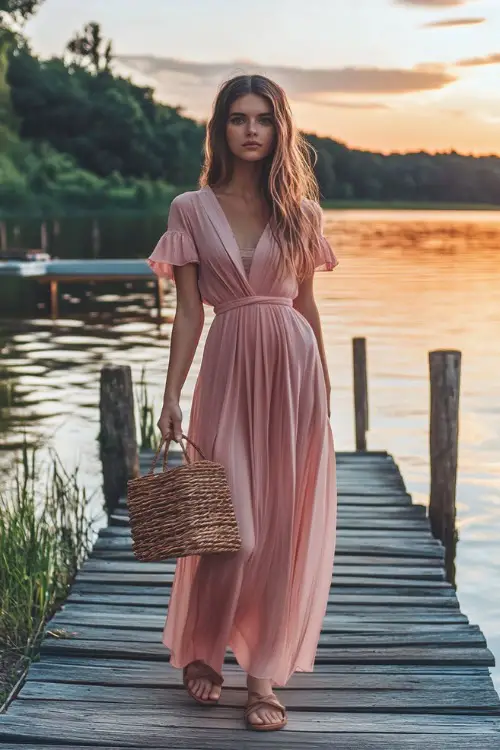 A woman in a blush pink maxi dress with puff sleeves, strappy sandals, and a woven crossbody bag, standing near a peaceful lakeside dock at sunset (2)