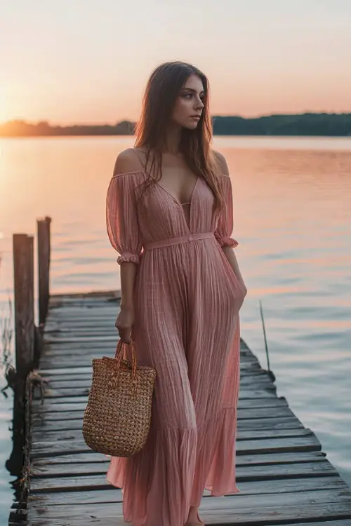 A woman in a blush pink maxi dress with puff sleeves, strappy sandals, and a woven crossbody bag, standing near a peaceful lakeside dock at sunset