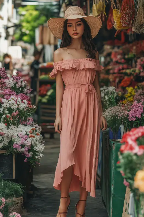 A woman in a blush pink off-shoulder maxi dress, tan lace-up sandals, and a floppy hat, posing by a charming floral market stall