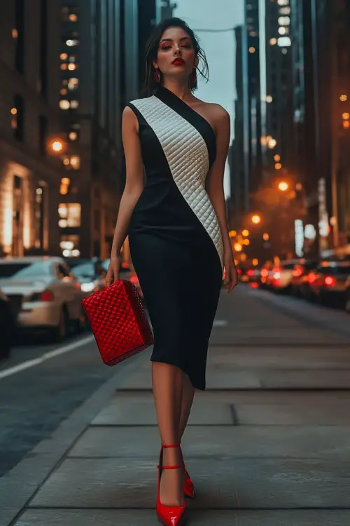 A woman in a bold black and white one-shoulder midi dress, red stilettos, and a quilted designer bag