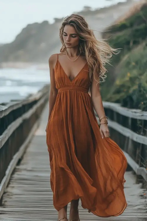 A woman in a burnt orange maxi dress, flat sandals, and delicate gold jewelry, walking along a breezy boardwalk by the beach