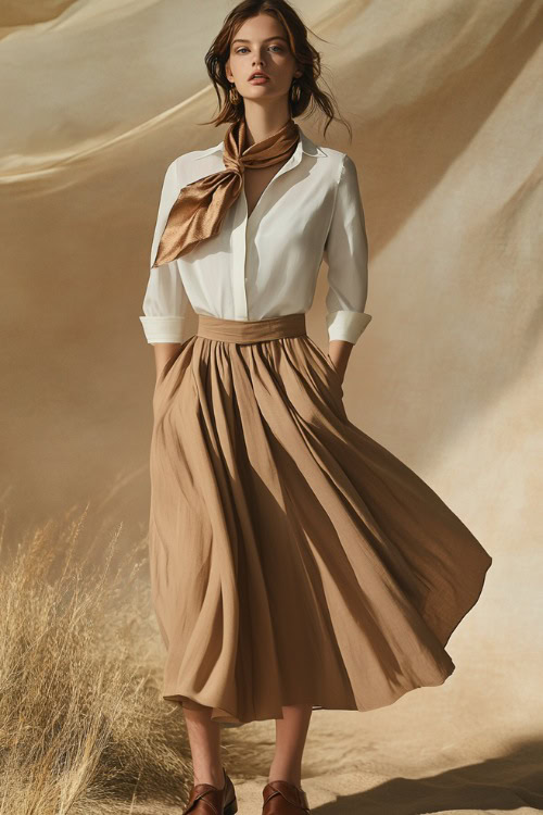 A woman in a camel-colored midi wrap skirt paired with a fitted white blouse, accessorized with a silk scarf and brown leather loafers