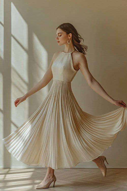 A woman in a classic beige sleeveless midi dress with a pleated skirt, accessorized with a silk scarf and ballet flats