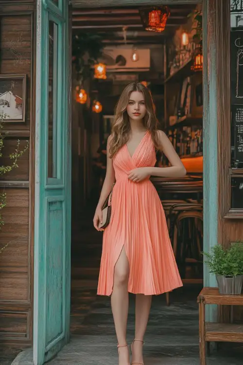 A woman in a coral pleated midi dress, heeled sandals, and a small clutch, posing in front of a rustic-style restaurant entrance 