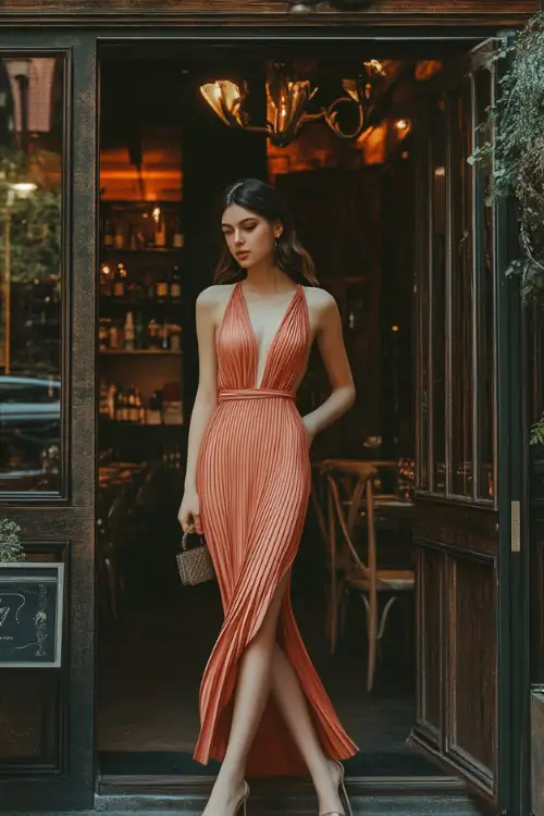 A woman in a coral pleated midi dress, heeled sandals, and a small clutch, posing in front of a rustic-style restaurant entrance