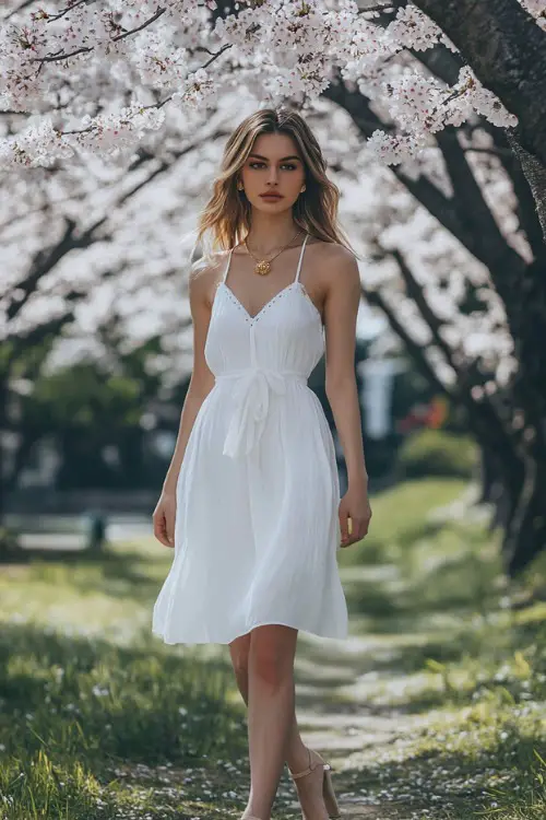 A woman in a crisp white midi dress, strappy beige sandals, and a dainty gold necklace, standing under a tree covered in cherry blossoms (3)