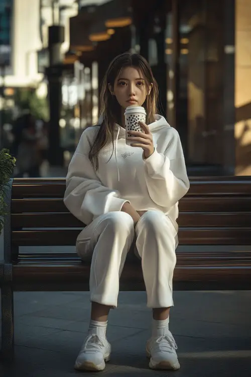 A woman in a cropped white hoodie, high-waisted joggers, and chunky sneakers, sipping boba tea while sitting on a bench in a city square