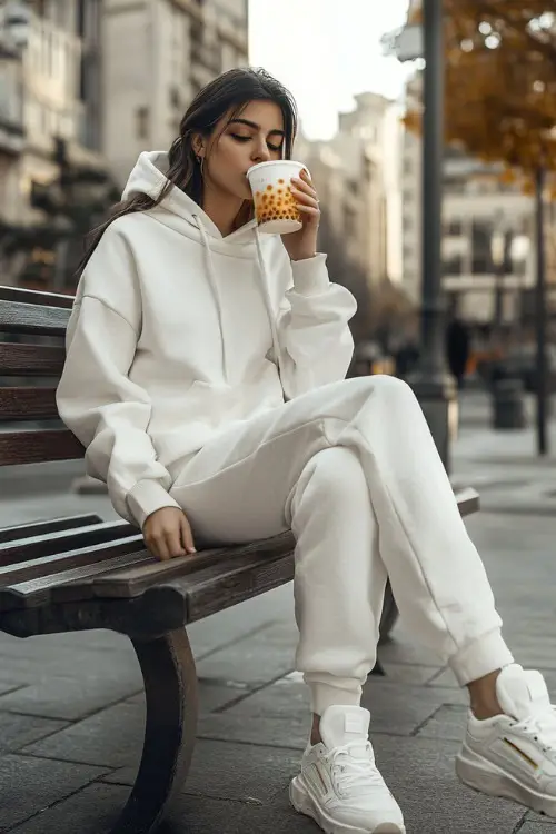 A woman in a cropped white hoodie, high-waisted joggers, and chunky sneakers, sipping boba tea while sitting on a bench in a city square