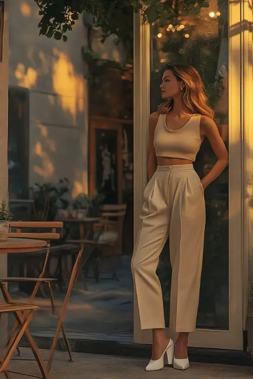 A woman in a fitted beige top, wide-leg cream trousers, and white block heels, standing outside a softly lit café terrace at sunset