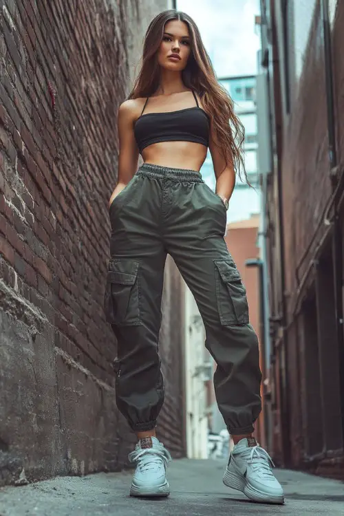 A woman in a fitted crop top, cargo pants, and platform sneakers, posing against a brick wall in a trendy urban alleyway